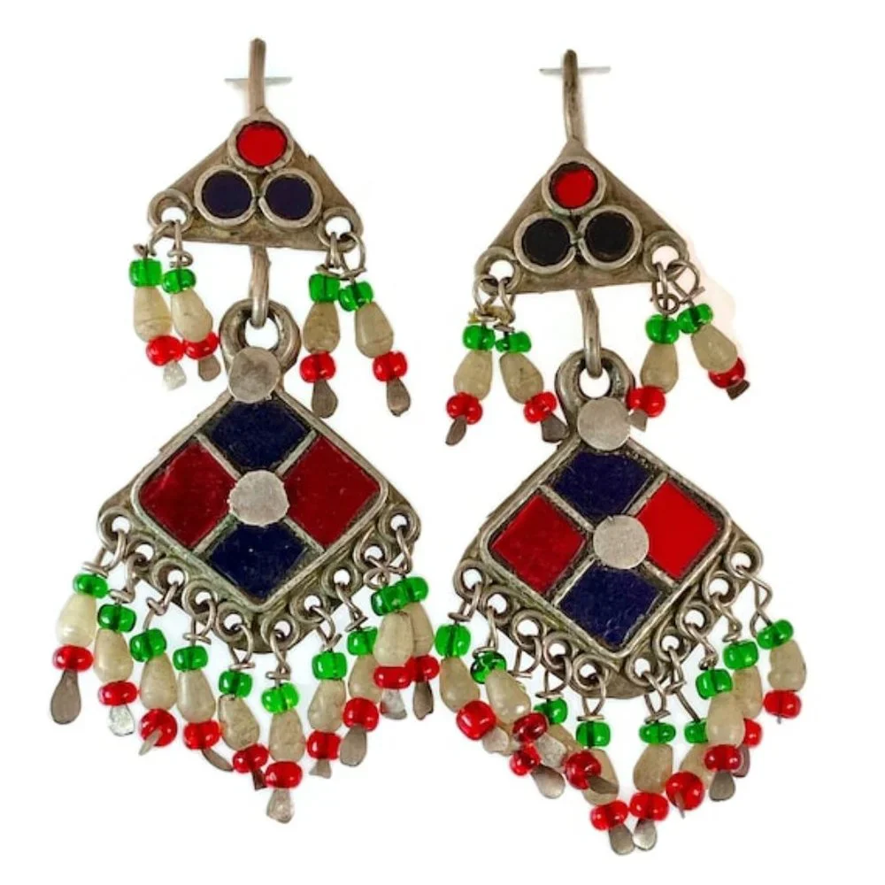 Gypsy Earring, Middle Eastern, Old Silver, Red, Blue Jewels, Glass, Kashmir